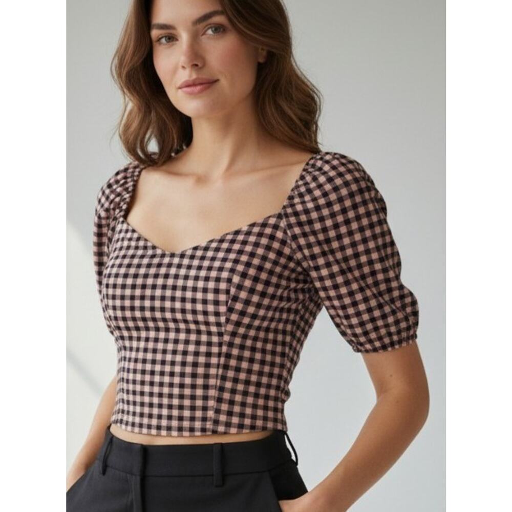 Haute Monde Pink Black Checkered Plaid Off Shoulder Sweetheart Crop Top Size M